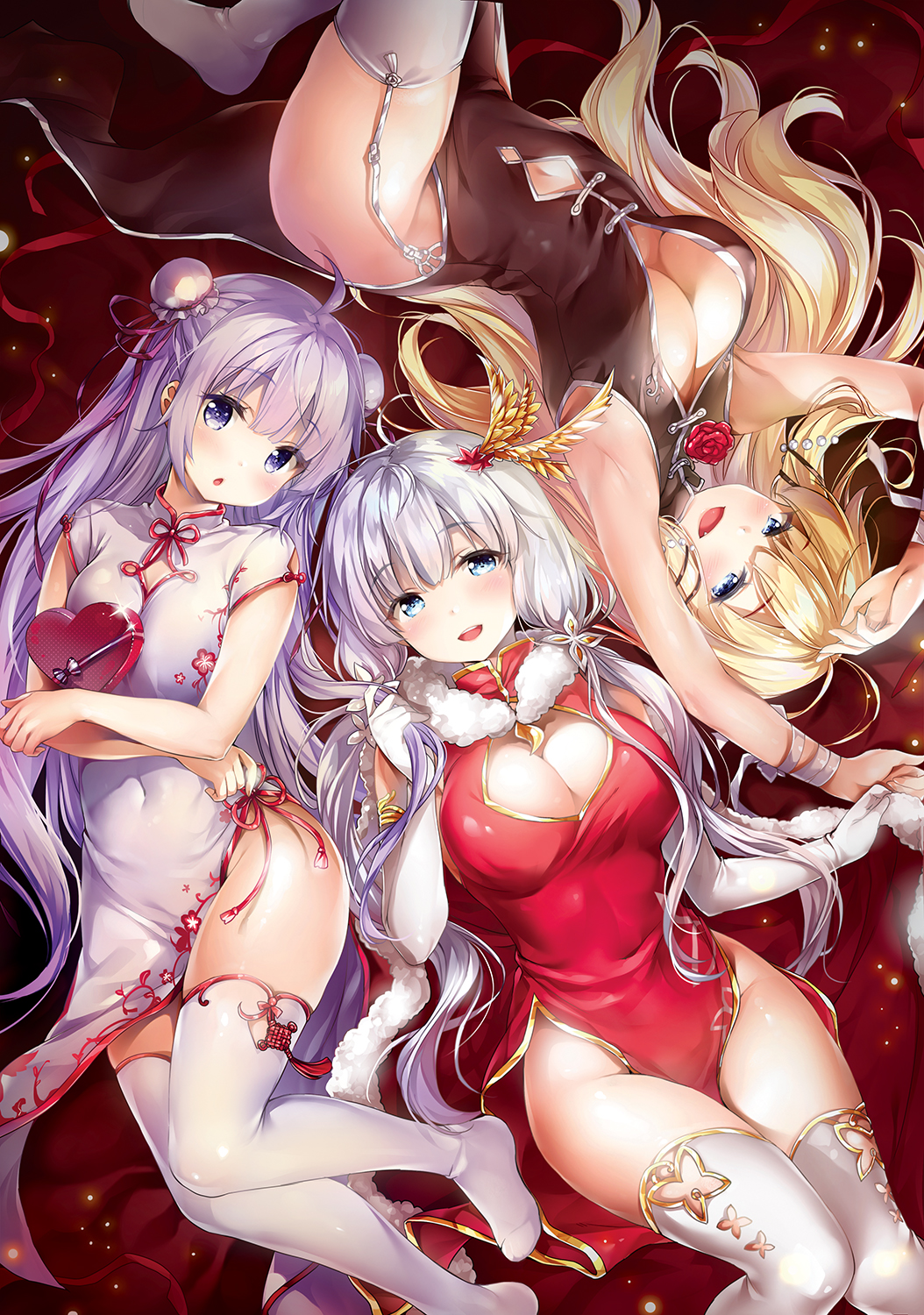 3girls :d :o ahoge armpits arms_up azur_lane bangs black_dress blonde_hair blue_eyes blush breasts bun_cover chestnut_mouth china_dress chinese_clothes chiyingzai cleavage cleavage_cutout commentary_request covered_navel double_bun dress elbow_gloves eyebrows_visible_through_hair fang flower fur_trim garter_straps gloves hair_ornament hair_ribbon heart-shaped_box highres illustrious_(azur_lane) large_breasts long_hair looking_at_viewer low_twintails multiple_girls navel navel_cutout no_panties no_shoes open_mouth purple_hair purple_ribbon red_dress revision ribbon rose side_bun small_breasts smile thigh-highs twintails unicorn_(azur_lane) very_long_hair victorious_(azur_lane) violet_eyes white_dress white_gloves white_hair white_legwear white_ribbon wrist_ribbon