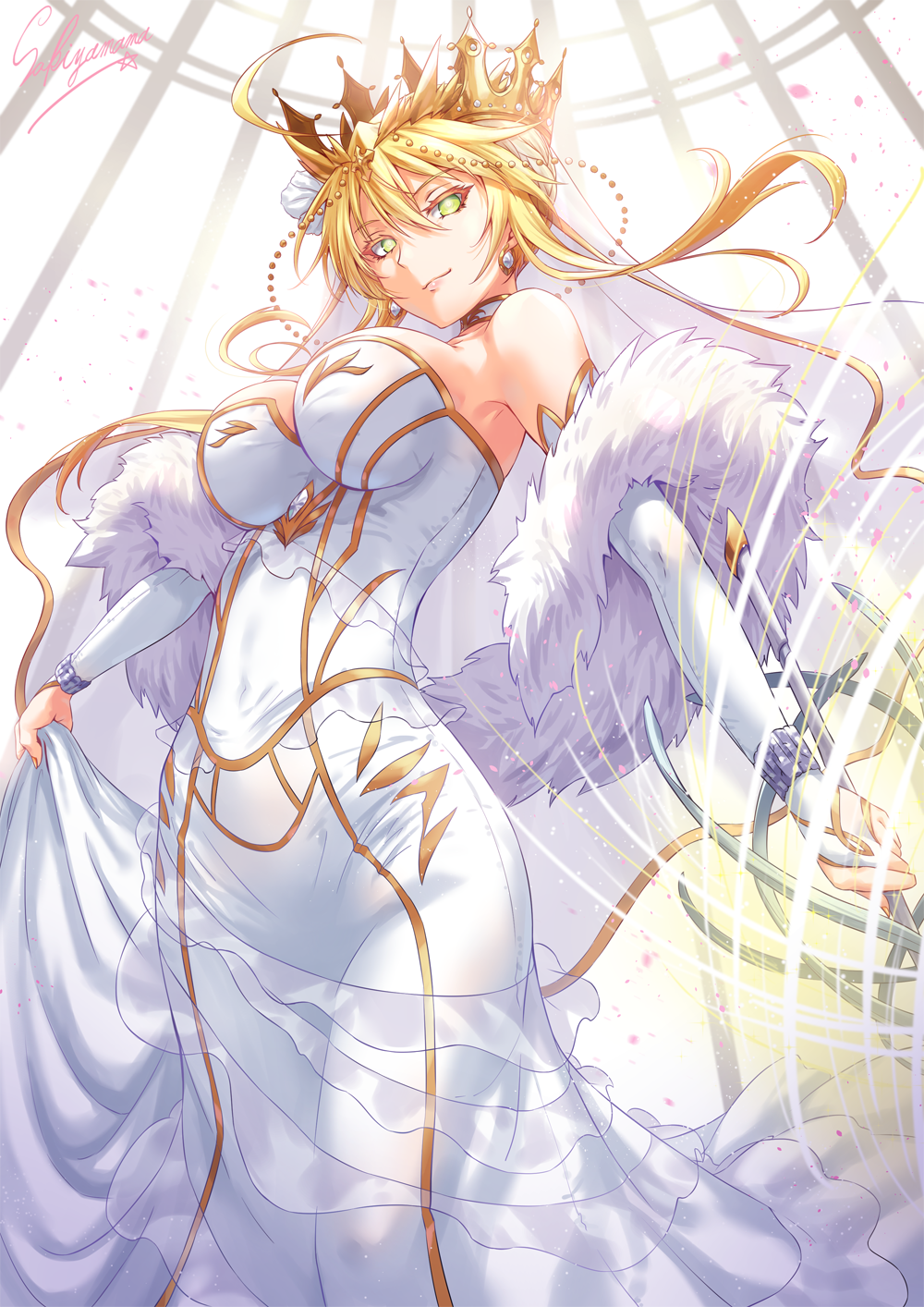 1girl ahoge artist_name artoria_pendragon_(all) artoria_pendragon_(lancer) bangs bare_shoulders bracelet breasts bridal_gauntlets bridal_veil chains choker commentary_request crown detached_sleeves dress earrings eyebrows_visible_through_hair eyelashes fate/grand_order fate_(series) green_eyes hair_between_eyes highres hips jewelry lance large_breasts looking_at_viewer polearm rhongomyniad sakiyamama sidelocks signature smile solo veil waist weapon white_dress