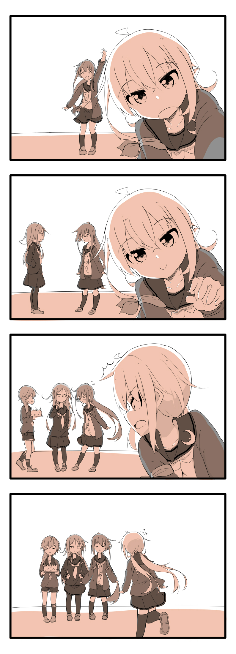 /\/\/\ 4girls 4koma :d :o arm_up attokyu cake closed_eyes comic crescent crescent_hair_ornament crescent_moon_pin flying_sweatdrops food fumizuki_(kantai_collection) hair_ornament highres jacket kantai_collection kneehighs long_hair minazuki_(kantai_collection) monochrome multiple_girls nagatsuki_(kantai_collection) neckerchief necktie open_mouth pantyhose pleated_skirt ponytail remodel_(kantai_collection) satsuki_(kantai_collection) school_uniform serafuku shoes shorts silent_comic skirt smile twintails