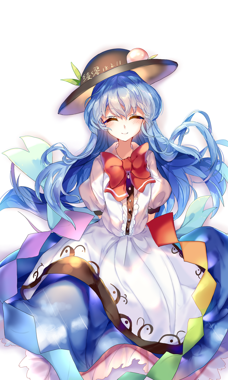 1girl arms_behind_back artist_name black_hat blue_hair blush bow closed_eyes closed_mouth dated facing_viewer food fruit hat highres hinanawi_tenshi ling_mou peach puffy_short_sleeves puffy_sleeves red_bow short_sleeves skirt smile touhou