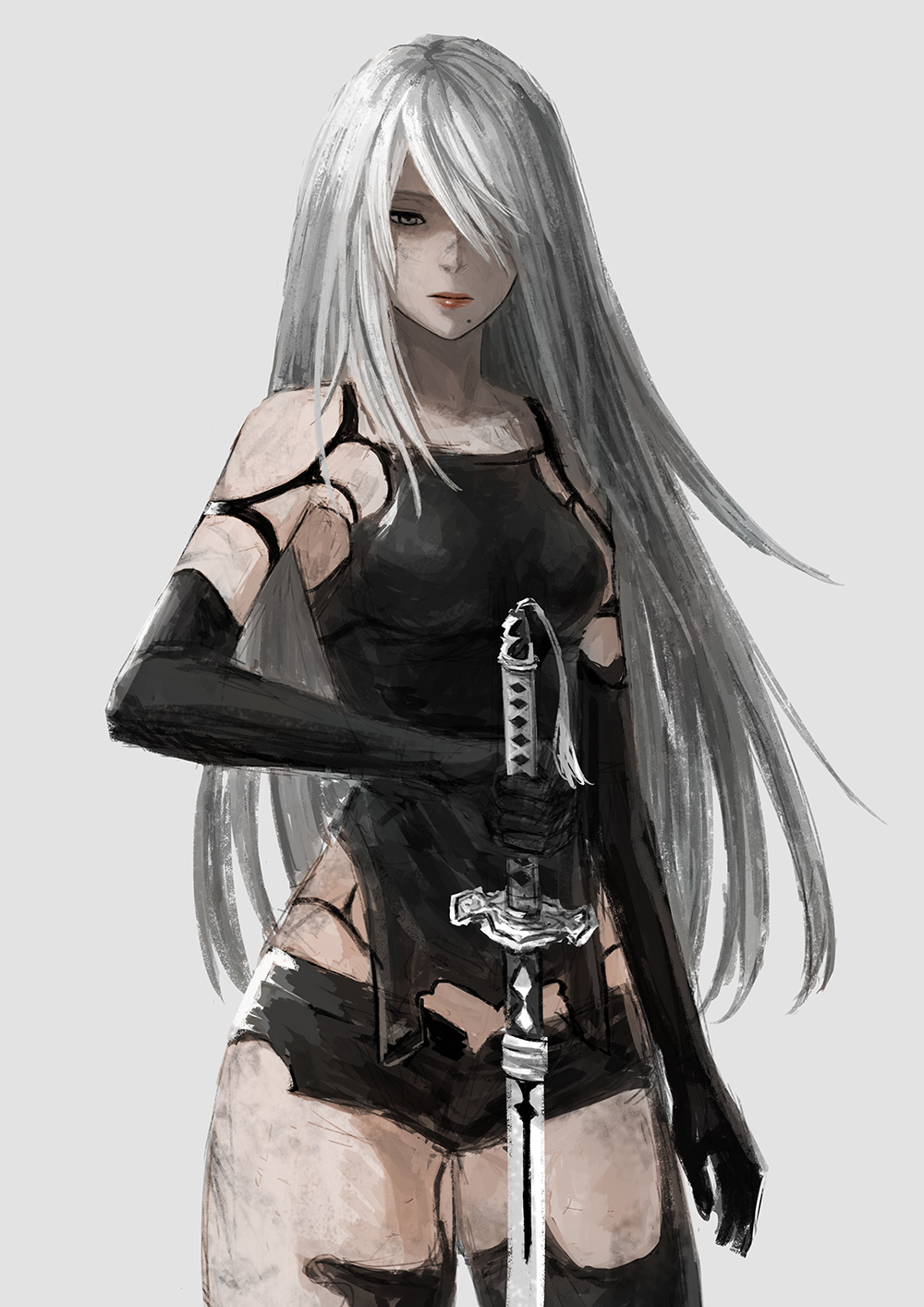 1girl android armlet black_gloves black_shorts blue_eyes elbow_gloves gloves highres holding holding_sword holding_weapon menka mole mole_under_mouth nier_(series) nier_automata pink_lips robot_joints short_shorts shorts silver_hair sword tank_top thighs weapon yorha_type_a_no._2