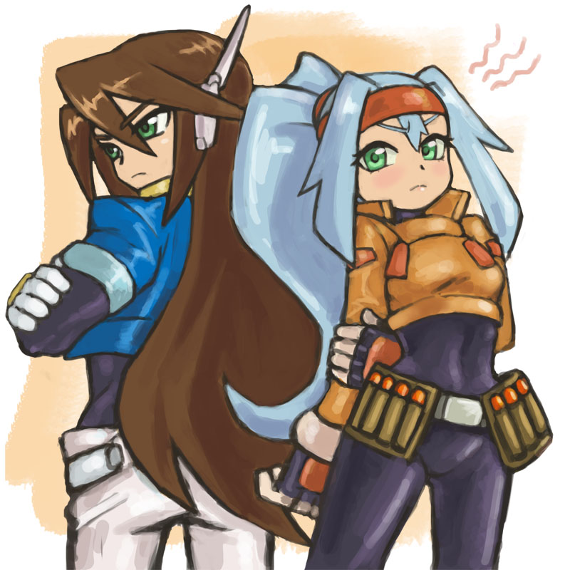 1boy 1girl angry ashe_(rockman) back-to-back bangs belt blush bodystocking brown_hair capcom cropped_jacket crossed_arms drill_(emilio) green_eyes hair_between_eyes headband high_ponytail inti_creates legs_apart long_hair looking_to_the_side pants ponytail rockman rockman_zx rockman_zx_advent standing turning_head vent