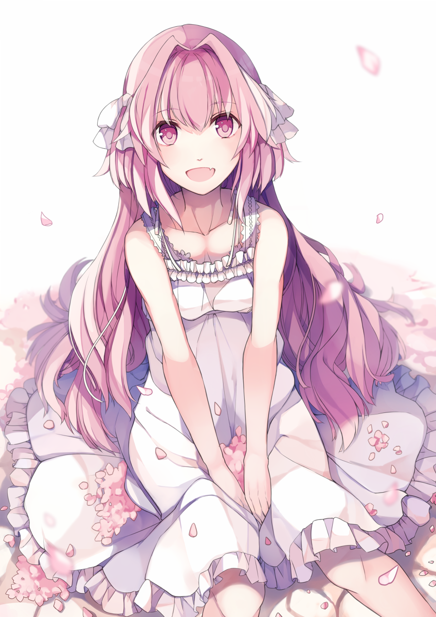 astolfo_(fate) bow cherry_blossoms commentary_request dress fang fate/apocrypha fate_(series) frilled_dress frills hair_bow hair_down hair_intakes hair_ornament hands_on_lap highres hiyunagi long_hair looking_at_viewer multicolored_hair open_mouth petals pink_eyes pink_hair sitting sleeveless sleeveless_dress smile streaked_hair white_bow white_dress white_hair