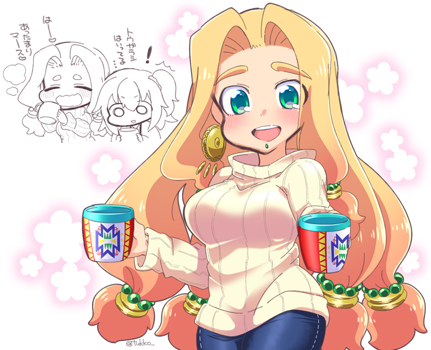 2girls :d aztec beads blonde_hair blue_pants blush breasts chin_piercing cup denim earrings eyebrows eyebrows_visible_through_hair eyes_visible_through_hair fate/grand_order fate_(series) fujimaru_ritsuka_(female) green_eyes hair_beads hair_intakes hair_ornament holding holding_cup jeans jewelry large_breasts long_hair long_sleeves looking_at_viewer low-tied_long_hair multiple_girls open_mouth pants piercing quetzalcoatl_(fate/grand_order) ribbed_sweater smile sweater teeth translation_request tsukko_(3ki2ne10) turtleneck turtleneck_sweater twitter_username very_long_hair white_sweater