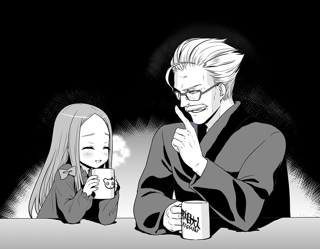 1boy 1girl abigail_williams_(fate/grand_order) bangs blush bow closed_eyes dress elbows_on_table facial_hair fate/grand_order fate_(series) fingernails glasses greyscale hair_strand hand_up hands_up holding_mug index_finger_raised james_moriarty_(fate/grand_order) long_hair long_sleeves looking_at_another makishima_azusa monochrome mustache parted_bangs parted_lips shirt smile