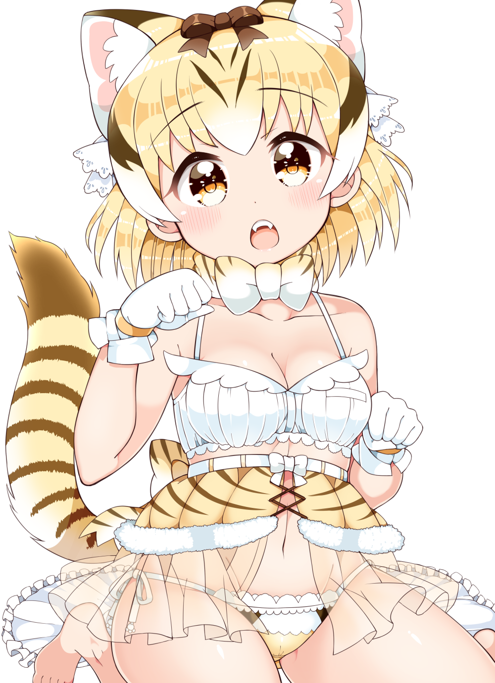 1girl animal_ears bare_shoulders blonde_hair bow bowtie bra breasts cat_ears cat_tail commentary_request extra_ears fangs highres kanjitomiko kemono_friends lingerie looking_at_viewer medium_breasts navel open_mouth orange_eyes panties paw_pose sand_cat_(kemono_friends) sand_cat_print see-through short_hair solo striped_tail tail underwear white_background white_bra