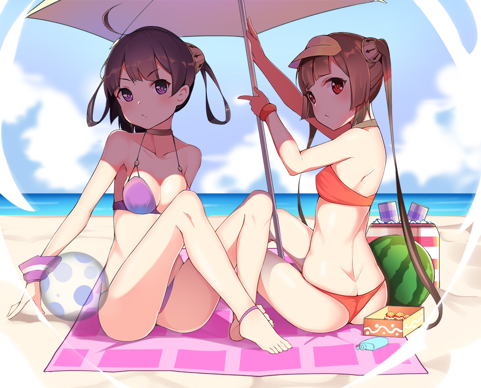 2girls ass azur_lane ball bangs bare_arms bare_shoulders barefoot beach beach_umbrella beachball bikini blue_sky blush bottle breasts brown_hair butt_crack can cleavage closed_mouth clouds collarbone commentary_request cooler day eyebrows_visible_through_hair food fruit hairpods halter_top halterneck head_tilt horizon long_hair looking_at_viewer medium_breasts meng_ge_3_(565571710) multiple_girls ning_hai_(azur_lane) ocean outdoors ping_hai_(azur_lane) purple_bikini red_bikini red_eyes sand shade sitting sky small_breasts swimsuit thighs transparent twintails umbrella v-shaped_eyebrows very_long_hair violet_eyes visor_cap water watermelon yellow_umbrella