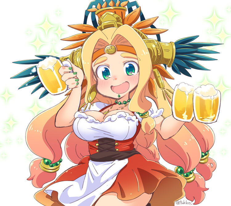1girl :d alcohol alternate_costume aztec bare_arms bead_necklace beads beer beer_mug blonde_hair blush breasts cleavage collarbone cup dirndl dress eyebrows eyebrows_visible_through_hair fate/grand_order fate_(series) feathers fingernails german_clothes green_eyes green_nails hair_beads hair_intakes hair_ornament headband headdress holding holding_mug jewelry large_breasts long_hair low-tied_long_hair mug nail_polish necklace open_mouth quetzalcoatl_(fate/grand_order) short_sleeves simple_background smile solo sparkle tsukko_(3ki2ne10) twitter_username very_long_hair white_background