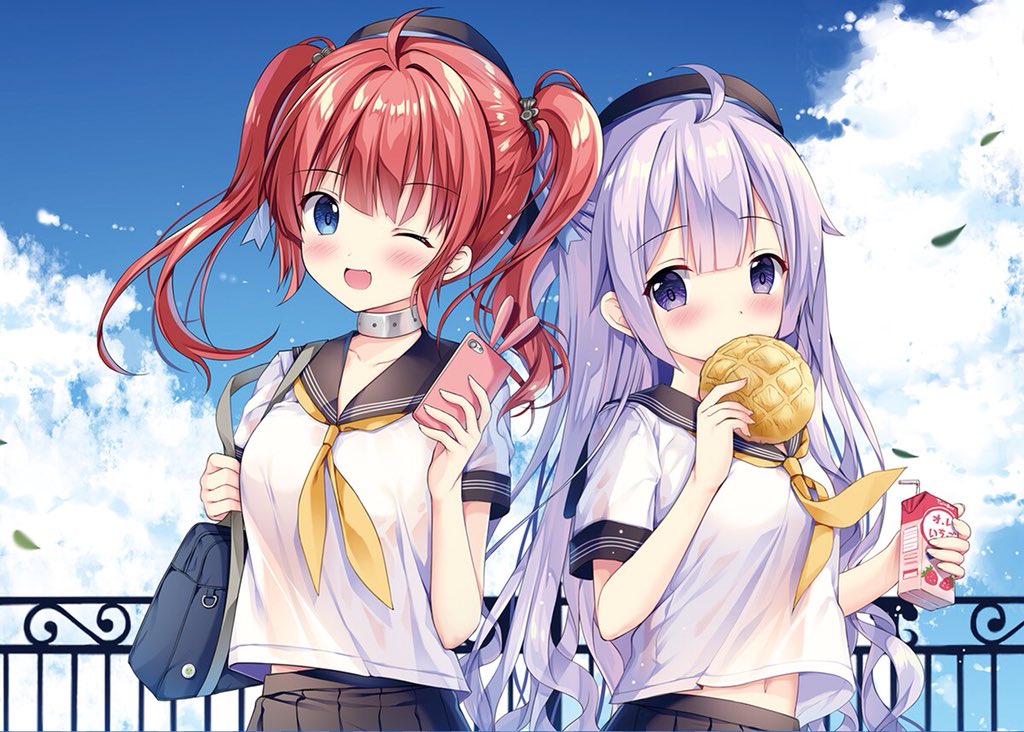 2girls ;d ahoge azur_lane bag blue_eyes blue_sky bread cellphone commentary_request eating food hair_bun hat holding long_hair looking_at_viewer melon_bread multiple_girls navel one_eye_closed one_side_up open_mouth phone purple_hair redhead san_diego_(azur_lane) school_bag school_hat school_uniform serafuku side_bun sky smartphone smile sousouman twintails unicorn_(azur_lane) violet_eyes