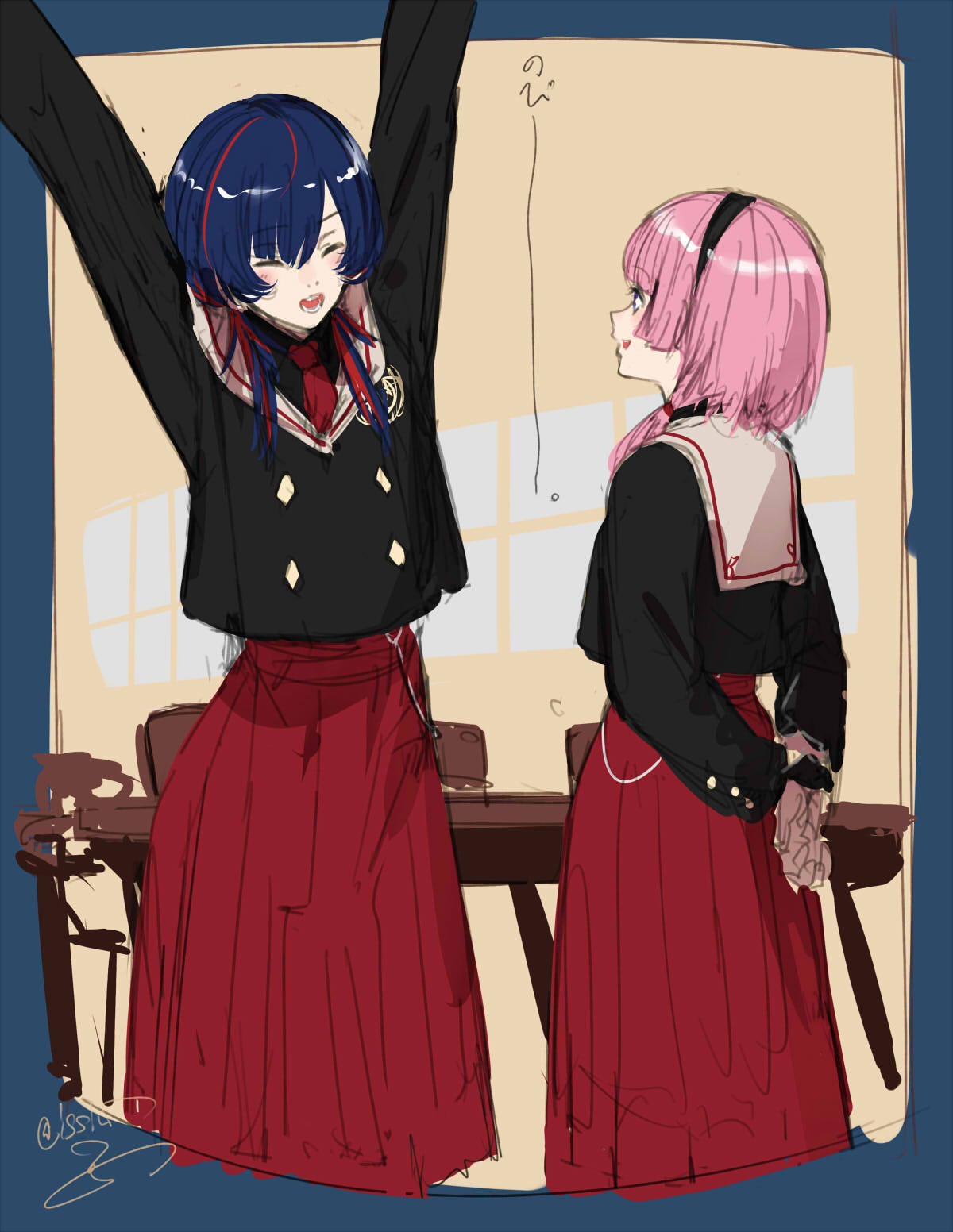 2girls alternate_costume arms_behind_back arms_up black_hairband black_jacket black_shirt blue_border blue_hair blush border buttons closed_eyes desk double-breasted facing_another feet_out_of_frame hair_over_shoulder hairband highres holding_own_wrist isshiki_(ffmania7) jacket kaf_(kamitsubaki_studio) kamitsubaki_studio long_hair long_skirt long_sleeves looking_at_another multicolored_hair multiple_girls necktie open_mouth pink_hair pleated_skirt profile red_necktie red_skirt redhead rim_(kamitsubaki_studio) sailor_collar school_desk school_uniform shirt signature sketch skirt smile standing streaked_hair stretching translation_request virtual_youtuber white_sailor_collar window yellow_background