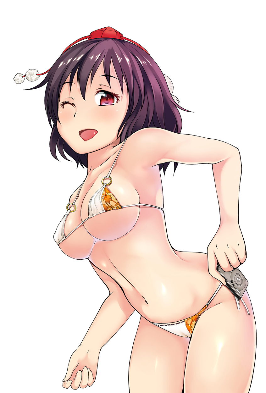 1girl ;d bare_shoulders bikini black_hair breasts camera hat highres looking_at_viewer medium_breasts mini_hat misaki_takahiro navel one_eye_closed open_mouth red_eyes red_hat shameimaru_aya short_hair side-tie_bikini smile solo standing swimsuit tokin_hat touhou white_bikini