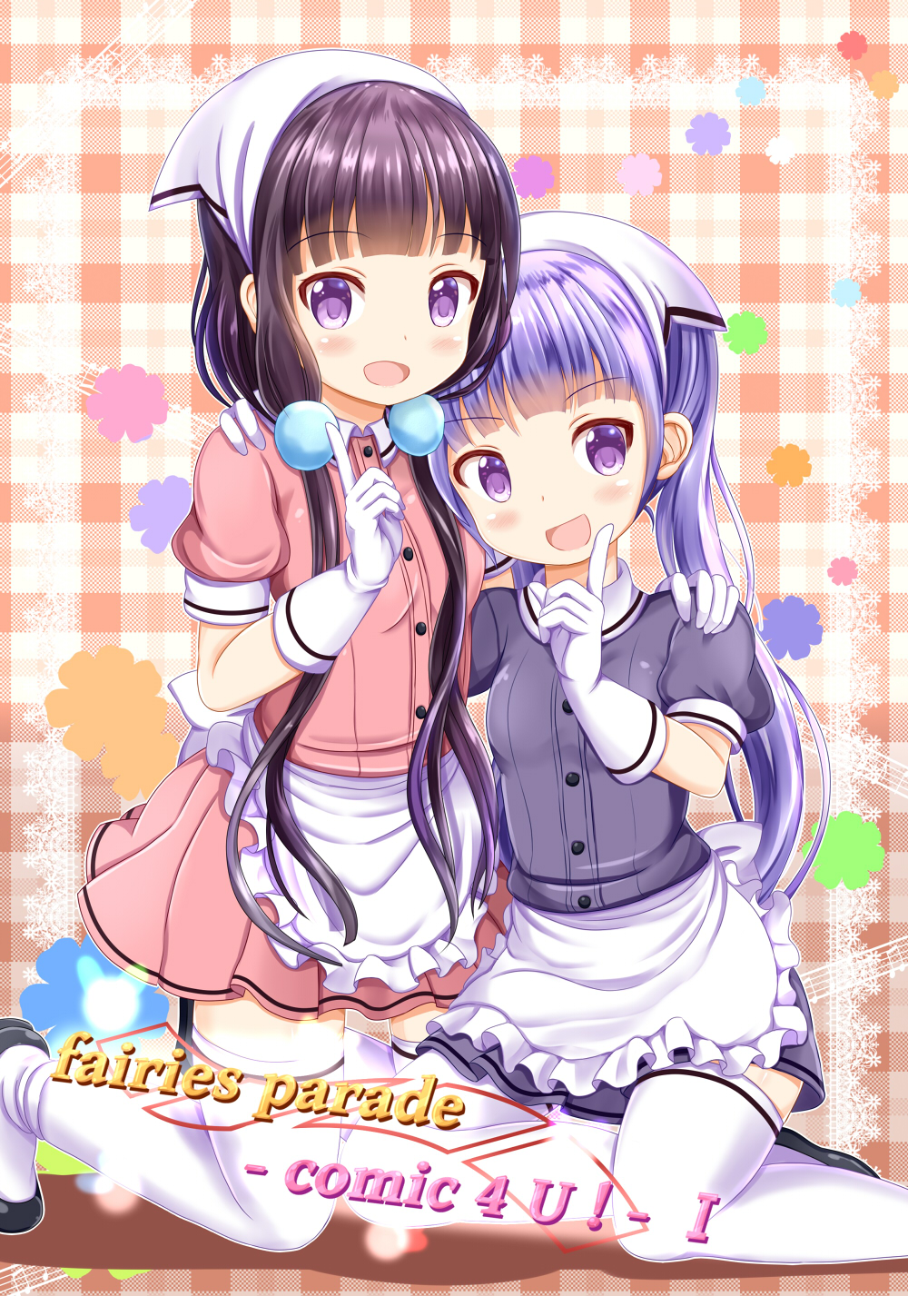 2girls :d apron bangs black_footwear blend_s blunt_bangs blush collared_shirt commentary_request company_connection cosplay crossover eyebrows_visible_through_hair frilled_apron frills hair_ornament head_scarf highres index_finger_raised kneeling long_hair looking_at_viewer low_twintails manga_time_kirara multiple_girls new_game! open_mouth pink_shirt pink_skirt plaid plaid_background pleated_skirt puffy_short_sleeves puffy_sleeves purple_hair purple_shirt purple_skirt sakuranomiya_maika shirt shoes short_sleeves skirt smile stile_uniform suzukaze_aoba thigh-highs twintails uniform very_long_hair violet_eyes waist_apron waitress white_apron white_legwear zenon_(for_achieve)