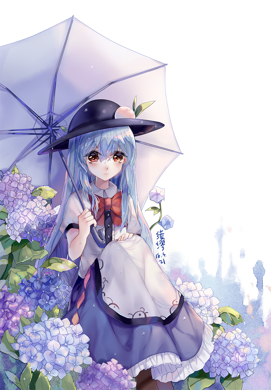 1girl artist_name blue_hair bow dated dress eyebrows_visible_through_hair feet_out_of_frame flower food frilled_skirt frills frown fruit hair_between_eyes hand_on_own_knee hat highres hinanawi_tenshi holding holding_umbrella hydrangea knees_up layered_dress leaf ling_mou long_hair looking_at_viewer peach puffy_short_sleeves puffy_sleeves red_bow red_eyes short_sleeves simple_background sitting skirt solo touhou umbrella wet wet_clothes wet_hair white_background