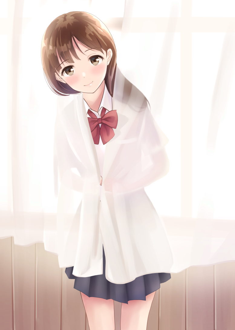 1girl bangs black_skirt bow bowtie brown_eyes brown_hair closed_mouth collared_shirt commentary_request curtains day eyebrows_visible_through_hair head_tilt indoors long_hair long_sleeves looking_at_viewer original pleated_skirt red_neckwear school_uniform shirt skirt smile solo sunlight white_shirt window yukimaru217