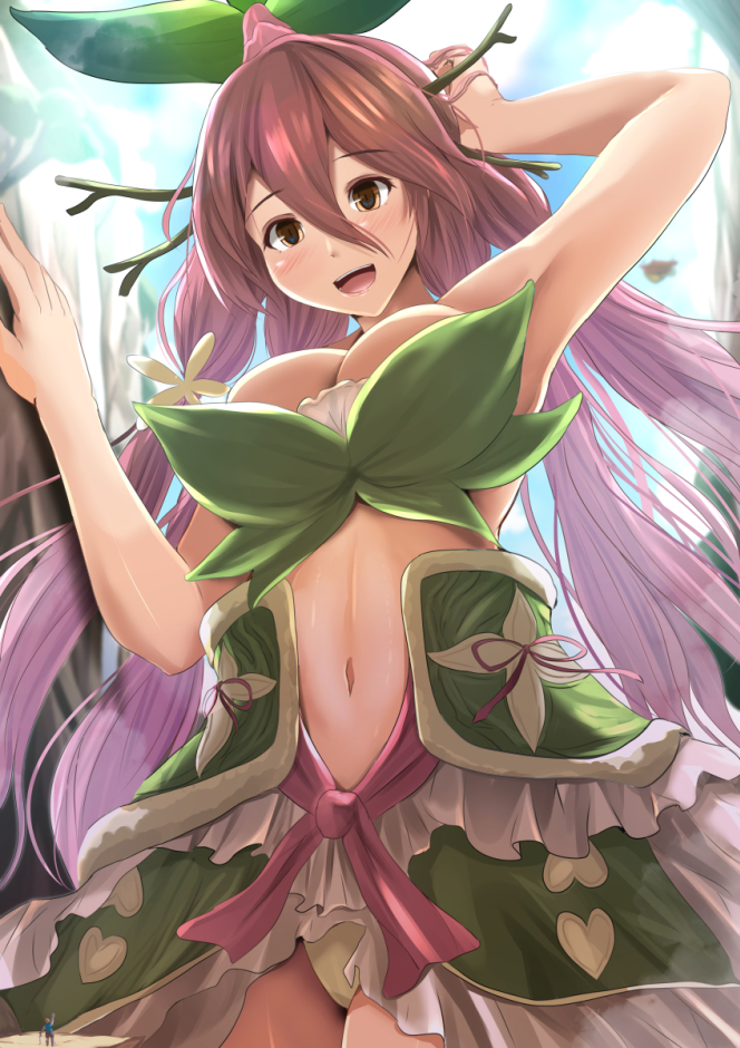 1girl blush breasts brown_eyes cliff day eyebrows_visible_through_hair from_below giantess granblue_fantasy green_panties hair_between_eyes hair_ornament hand_behind_head heart kanzaki_kureha large_breasts leaf_clothing long_hair looking_down low_twintails multicolored_hair navel open_mouth panties pink_hair plant_girl size_difference sky solo_focus twintails two-tone_hair underwear very_long_hair yggdrasil_(granblue_fantasy)