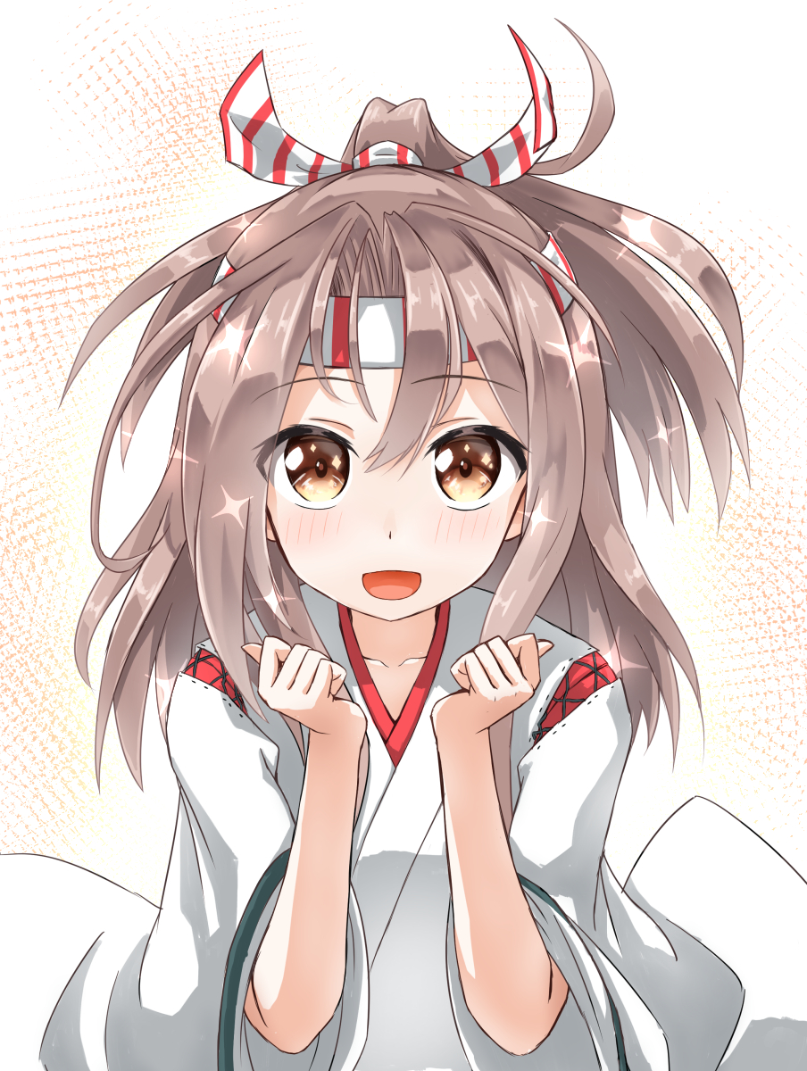 1girl :d brown_eyes commentary_request hachimaki headband highres japanese_clothes kantai_collection koda long_hair looking_at_viewer open_mouth silver_hair simple_background smile solo sparkle zuihou_(kantai_collection)