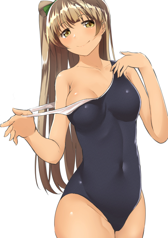 1girl bangs blush breasts brown_eyes brown_hair cleavage covered_navel cowboy_shot long_hair looking_at_viewer love_live! love_live!_school_idol_project medium_breasts minami_kotori nanasumin off_shoulder one-piece_swimsuit one_side_up school_swimsuit simple_background smile solo strap_pull swimsuit very_long_hair white_background