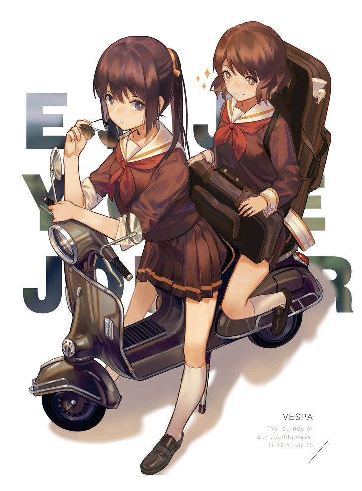 2girls backpack bag black_eyes black_hair bright_pupils brown_eyes brown_hair brown_shirt brown_skirt closed_mouth english eyewear_removed from_side ground_vehicle hibike!_euphonium kneehighs kousaka_reina looking_at_another motor_vehicle multiple_girls neckerchief norizc oumae_kumiko pleated_skirt ponytail red_neckwear sailor_collar school_uniform scooter serafuku shirt sitting skirt smile sparkle standing sunglasses vespa white_legwear white_sailor_collar