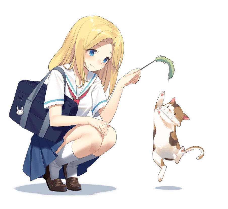 1girl bag blonde_hair blue_eyes blue_skirt blush cat character_request closed_mouth copyright_request duffel_bag eyebrows_visible_through_hair kneehighs looking_away medium_hair red_neckwear short_sleeves skirt smile solo white_legwear yura_(botyurara)