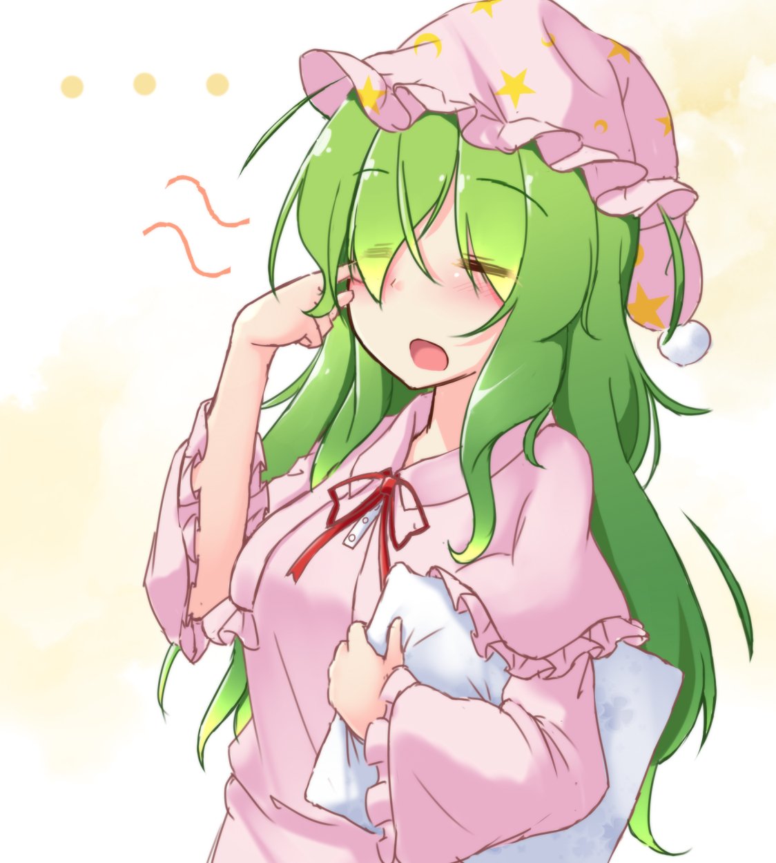 ... 1girl aka_tawashi blush breasts capelet closed_eyes commentary_request crescent_print dress eyebrows_visible_through_hair eyes_visible_through_hair green_hair hand_up hat highres holding holding_pillow kazami_yuuka kazami_yuuka_(pc-98) long_hair long_sleeves medium_breasts neck_ribbon nightcap nightgown open_mouth pillow pink_capelet pink_dress pink_hat red_neckwear red_ribbon ribbon solo star star_print touhou touhou_(pc-98) upper_body white_background wide_sleeves yellow_background