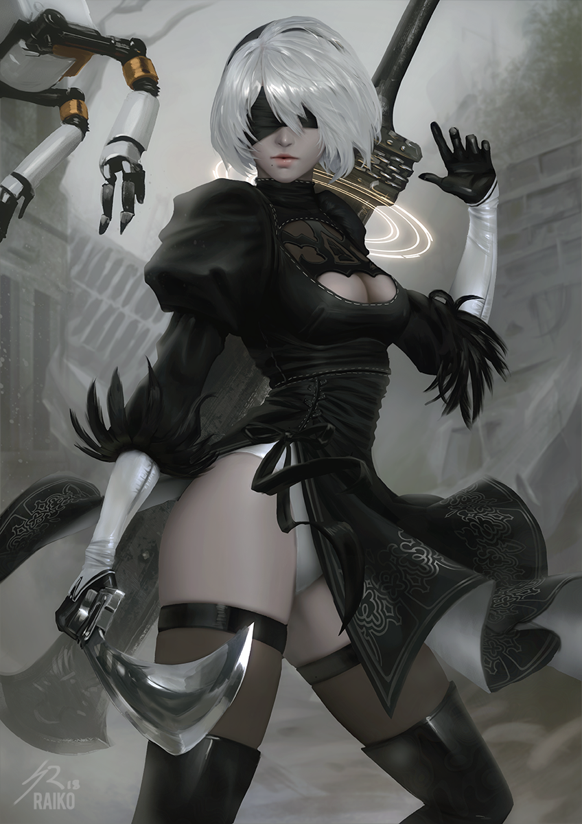 1girl black_dress black_hairband blindfold boots breasts cleavage_cutout covered_eyes dress facing_viewer feather-trimmed_sleeves gloves hairband highleg highleg_leotard highres juliet_sleeves large_breasts leotard lips long_sleeves mole mole_under_mouth nier_(series) nier_automata outdoors pod_(nier_automata) puffy_sleeves raikoart ribbed_dress silver_hair solo sword thigh-highs thigh_boots thighhighs_under_boots vambraces weapon white_leotard yorha_no._2_type_b