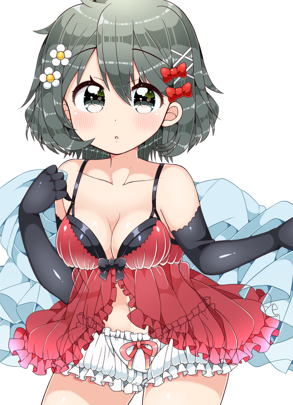 1girl alternate_costume bare_shoulders black_gloves black_hair bloomers blush bow breasts collarbone commentary_request cowboy_shot elbow_gloves eyebrows_visible_through_hair flower frills gloves hair_between_eyes hair_bow hair_flower hair_ornament highres kaban_(kemono_friends) kanjitomiko kemono_friends lingerie looking_at_viewer medium_breasts red_bow short_hair simple_background solo underwear white_background x_hair_ornament
