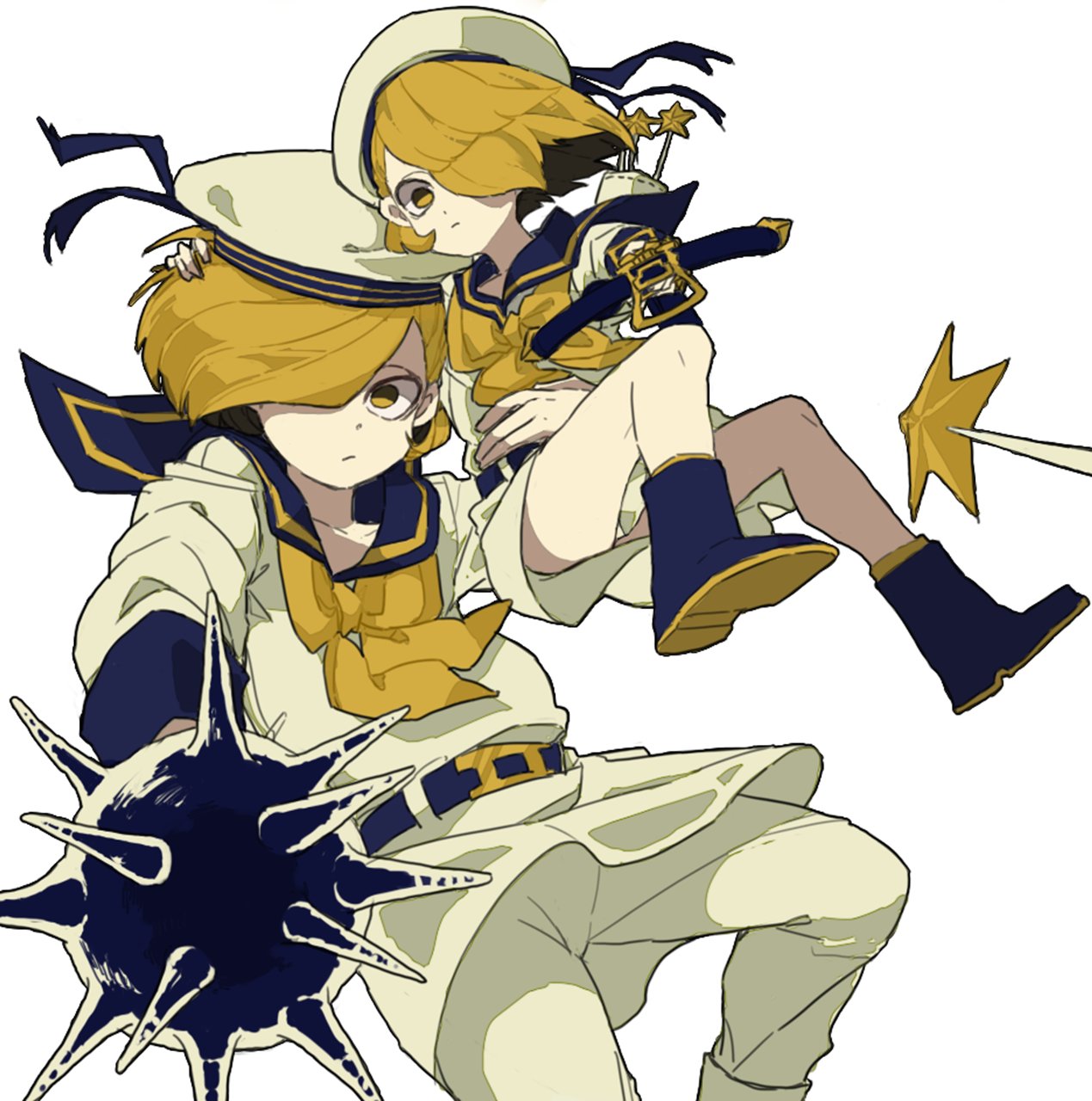 2girls blonde_hair boots bow_(weapon) crossbow dress expressionless hair_over_one_eye highres juuni_taisen juuni_taisen_vs_juuni_taisen m2222 multiple_girls pants sailor short_hair siblings simple_background sisters spiked_mace w2222 weapon white_background white_pants