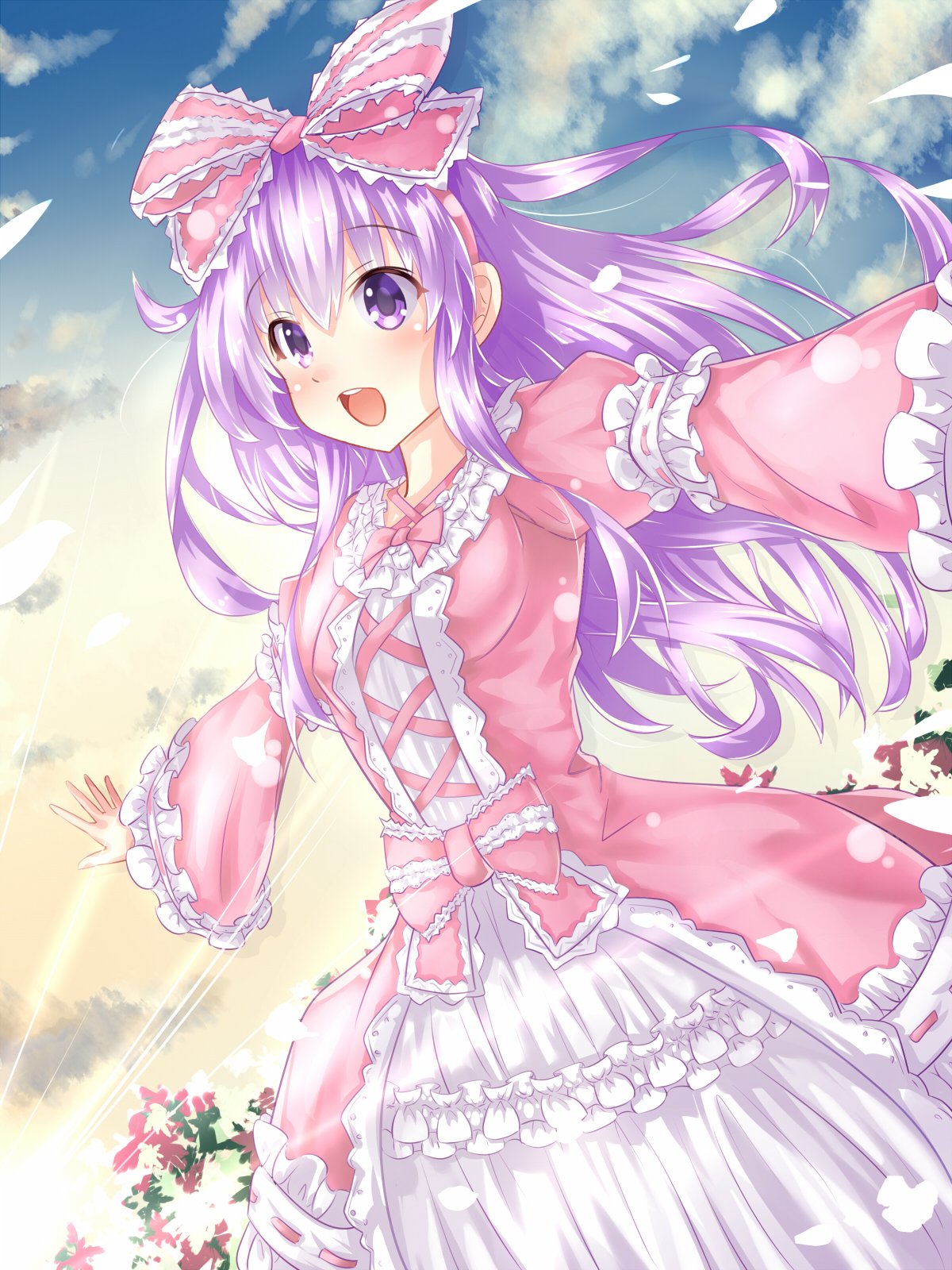 clouds cloudy_sky dress frilled_dress frills highres kazuneko_(wktk1024) lolita_fashion nepgear neptune_(series) open_mouth pink_dress purple_hair ribbon sky violet_eyes