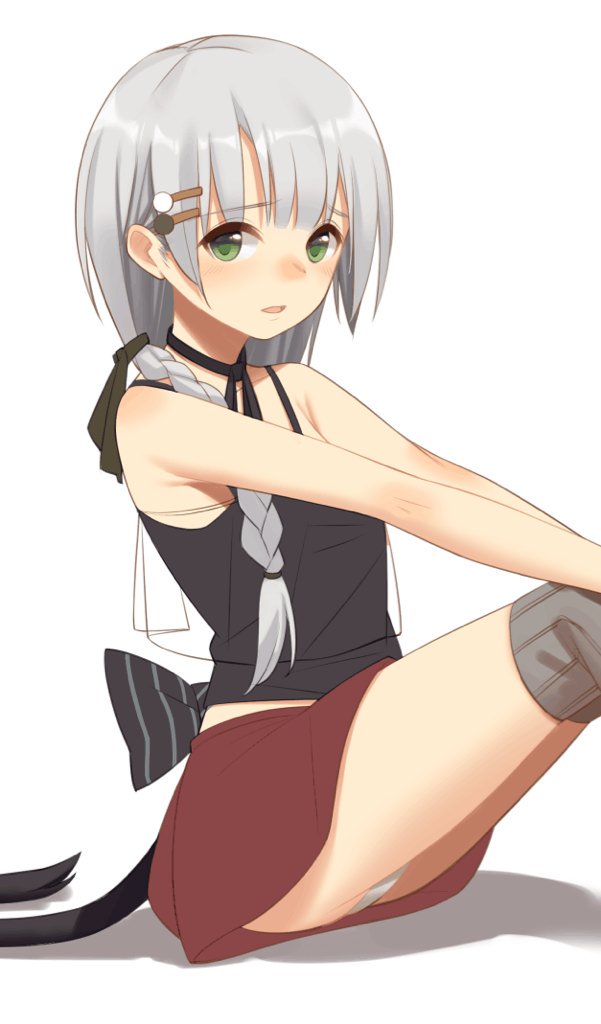 1girl blush braid cat_tail character_request copyright_request eyebrows_visible_through_hair green_eyes grey_hair hair_ornament hairclip long_hair looking_at_viewer panties parted_lips red_skirt simple_background sitting skirt solo tail underwear white_background white_panties yura_(botyurara)