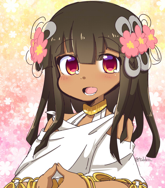 1girl bangs blunt_bangs blush bracelet brown_hair dark_skin egyptian egyptian_clothes eyebrows eyebrows_visible_through_hair eyes_visible_through_hair fate/prototype fate/prototype:_fragments_of_blue_and_silver fate_(series) fingernails fingers_together floral_background flower hair_flower hair_ornament halterneck jewelry long_hair looking_at_viewer multicolored multicolored_background nefertiti_(fate/prototype_fragments) orange_eyes pink_flower solo straight_hair teeth tongue tsukko_(3ki2ne10) twitter_username