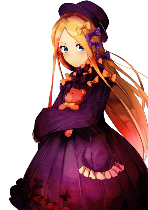 1girl abigail_williams_(fate/grand_order) bangs black_dress black_hat blonde_hair blush bow dress fate/grand_order fate_(series) green_eyes hair_bow hat long_hair looking_at_viewer nanasumin object_hug orange_bow parted_bangs purple_bow simple_background sleeves_past_fingers sleeves_past_wrists solo stuffed_animal stuffed_toy teddy_bear very_long_hair white_background