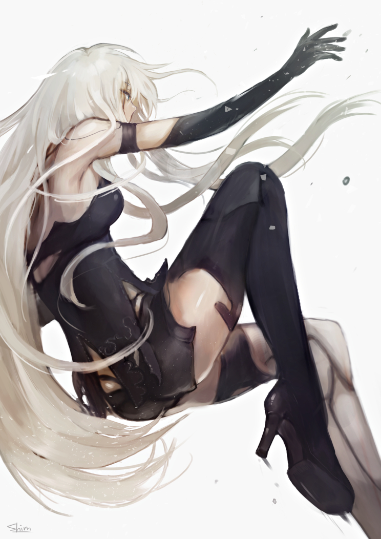 1girl android armlet black_gloves black_shorts elbow_gloves from_side gloves hands_in_air high_heels konno_shimako long_hair nier_(series) nier_automata reaching_out robot_joints short_shorts shorts silver_hair tank_top thighs yorha_type_a_no._2