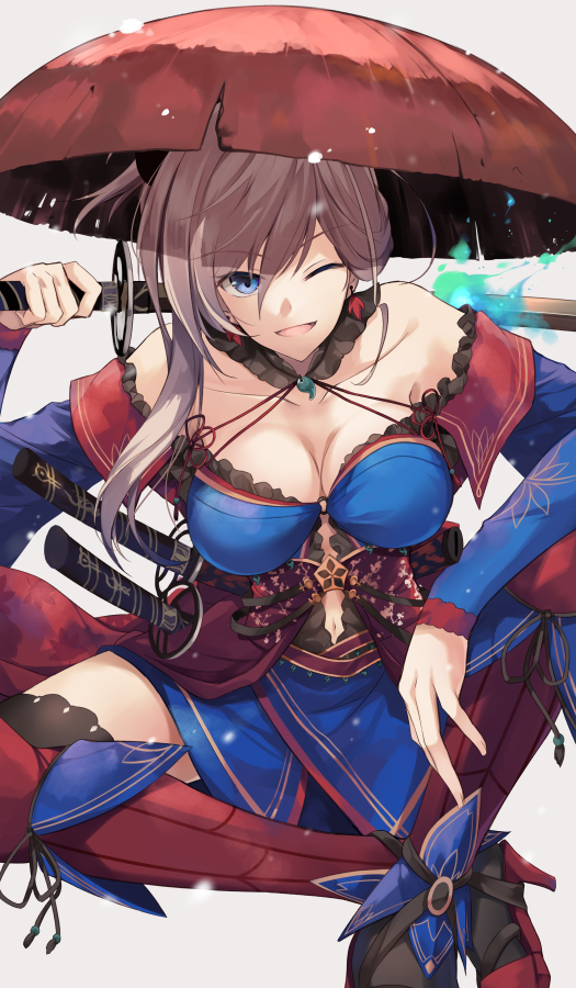 1girl ;d arm_up asymmetrical_hair bare_shoulders black_legwear blue_eyes blue_kimono boots breasts brown_hair cleavage collarbone earrings eyebrows_visible_through_hair fate/grand_order fate_(series) gradient gradient_background grey_background hair_between_eyes hat high_heel_boots high_heels hirai_yuzuki holding holding_sword holding_weapon indian_style japanese_clothes jewelry kimono kimono_pull knee_boots knee_pads large_breasts long_hair long_sleeves looking_at_viewer miyamoto_musashi_(fate/grand_order) navel obi off_shoulder one_eye_closed open_mouth red_footwear red_hat sash sheath sheathed sitting smile solo sword thighhighs_under_boots tsurime weapon
