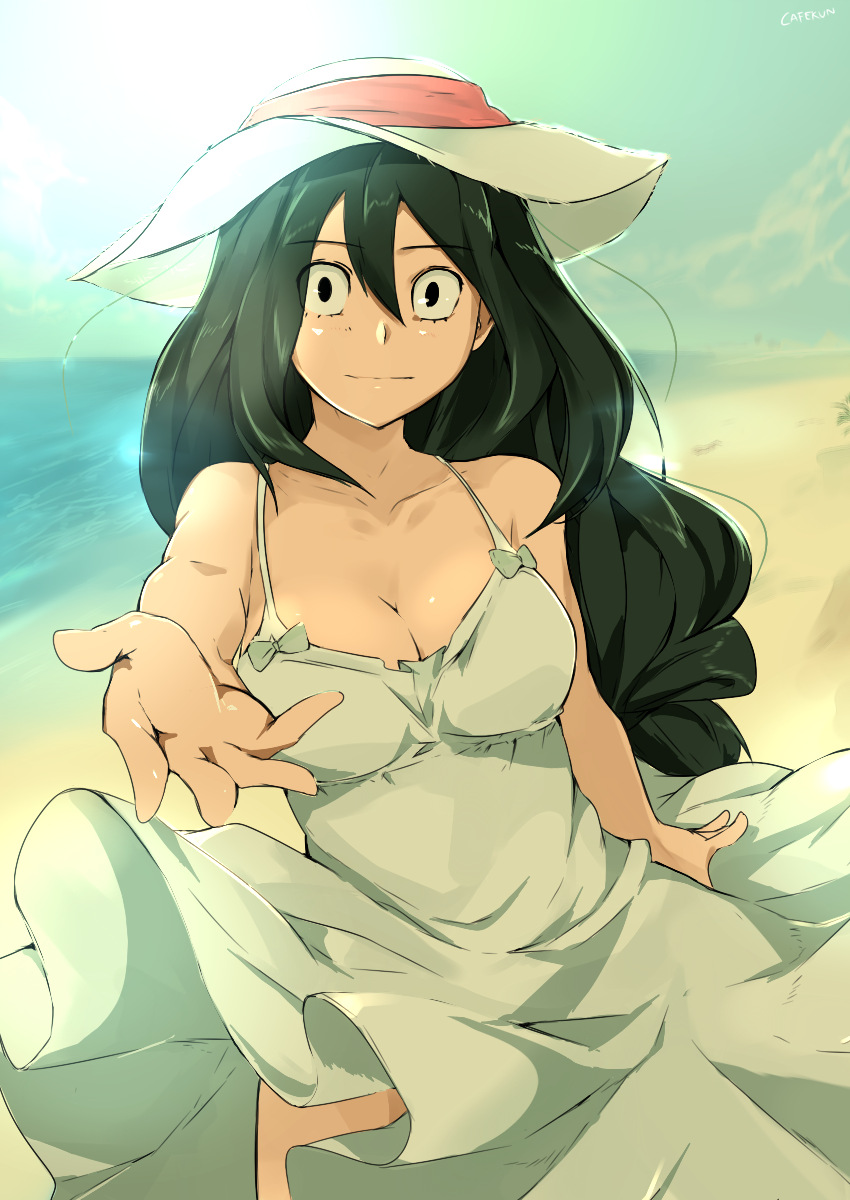 1girl asui_tsuyu bare_shoulders beach black_eyes boku_no_hero_academia breasts cafekun cleavage dress green_hair hair_between_eyes hat highres light_smile long_hair looking_at_viewer medium_breasts ocean outstretched_hand smile solo spaghetti_strap sun_hat white_dress
