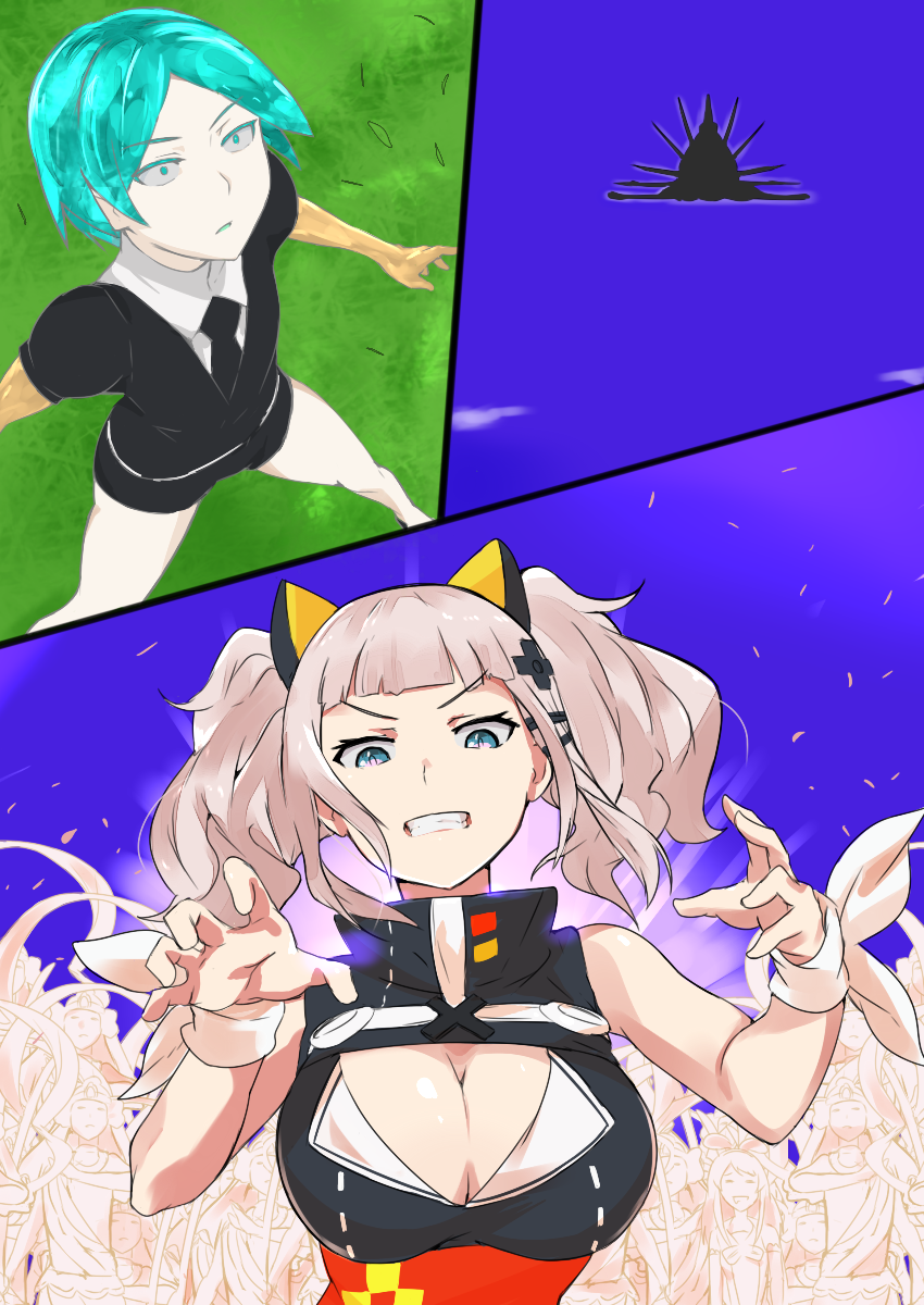 1girl 1other androgynous aqua_eyes aqua_hair bangs black_dress black_neckwear blue_eyes blunt_bangs breasts cafekun claw_pose cleavage_cutout clenched_teeth commentary constricted_pupils crystal_hair dress golden_arms hair_ornament highres houseki_no_kuni kaguya_luna kaguya_luna_(character) large_breasts lavender_hair namesake necktie obi phosphophyllite pun ribbon sash short_shorts short_sleeves shorts sleeveless sleeveless_dress teeth twintails virtual_youtuber wrist_ribbon x_hair_ornament