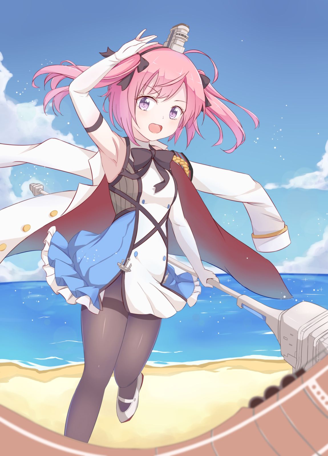 1girl :d ahoge armpits azur_lane beach blue_sky blurry clothes_on_shoulders commentary_request depth_of_field elbow_gloves flagpole gloves hairband highres holding horizon long_hair looking_at_viewer machinery military military_uniform momizi_lin naval_uniform ocean open_mouth pink_hair saratoga_(azur_lane) sky smile solo twintails uniform violet_eyes white_gloves