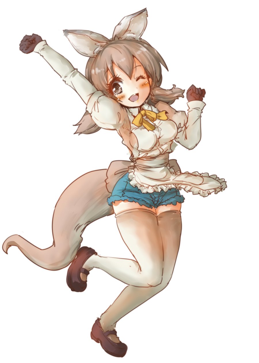1girl apron back_bow commentary_request denim denim_shorts gloves highres kangaroo_ears kangaroo_tail kemono_friends long_sleeves motocompoooo neck_ribbon puffy_short_sleeves puffy_sleeves red_kangaroo_(kemono_friends) ribbon short_hair short_shorts short_sleeves shorts solo standing standing_on_one_leg tail thigh-highs twintails