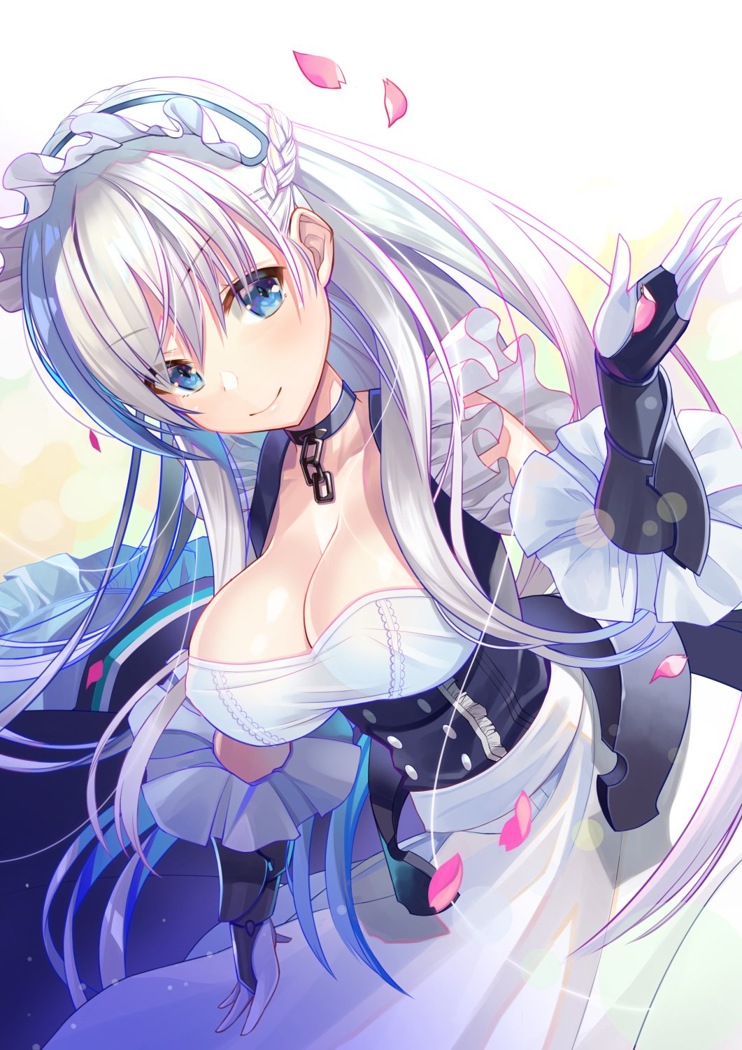 1girl apron at-yui azur_lane bangs belfast_(azur_lane) blue_eyes blush braid breasts chains cleavage collar collarbone commentary_request dress eyebrows_visible_through_hair french_braid frills gauntlets gloves hair_between_eyes hand_up highres large_breasts light_particles long_hair looking_at_viewer maid maid_headdress petals sidelocks silver_hair smile solo upper_body white_gloves wind