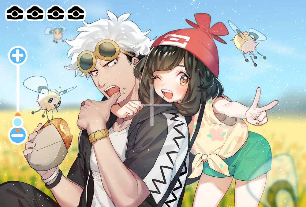 1boy 1girl arm_around_neck bangs beanie bent_over black_hair black_jacket blue_sky blush bracelet brown_eyes collarbone cutiefly day eating eyewear_on_head field flower flower_field food food_on_face gen_7_pokemon green_shorts guzma_(pokemon) hat holding holding_weapon jacket jewelry looking_at_viewer malasada mizuki_(pokemon_sm) multicolored_hair open_clothes open_jacket outstretched_arm pokemon pokemon_(creature) pokemon_(game) pokemon_sm red_hat sanpaku shiny shiny_hair shirt short_hair short_sleeves shorts sitting sky standing sunglasses swept_bangs tareme tied_shirt two-tone_hair v weapon white_hair white_shirt wrapper wristband yellow-framed_eyewear yellow_shirt zuizi