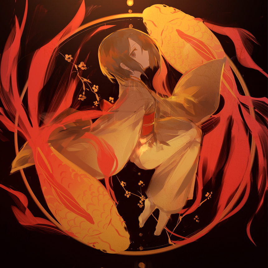 1girl alt_(apou) barefoot black_background black_eyes black_hair blurry branch cherry_blossoms dark fish goldfish japanese_clothes kimono looking_at_viewer looking_to_the_side original profile short_hair simple_background yin_yang