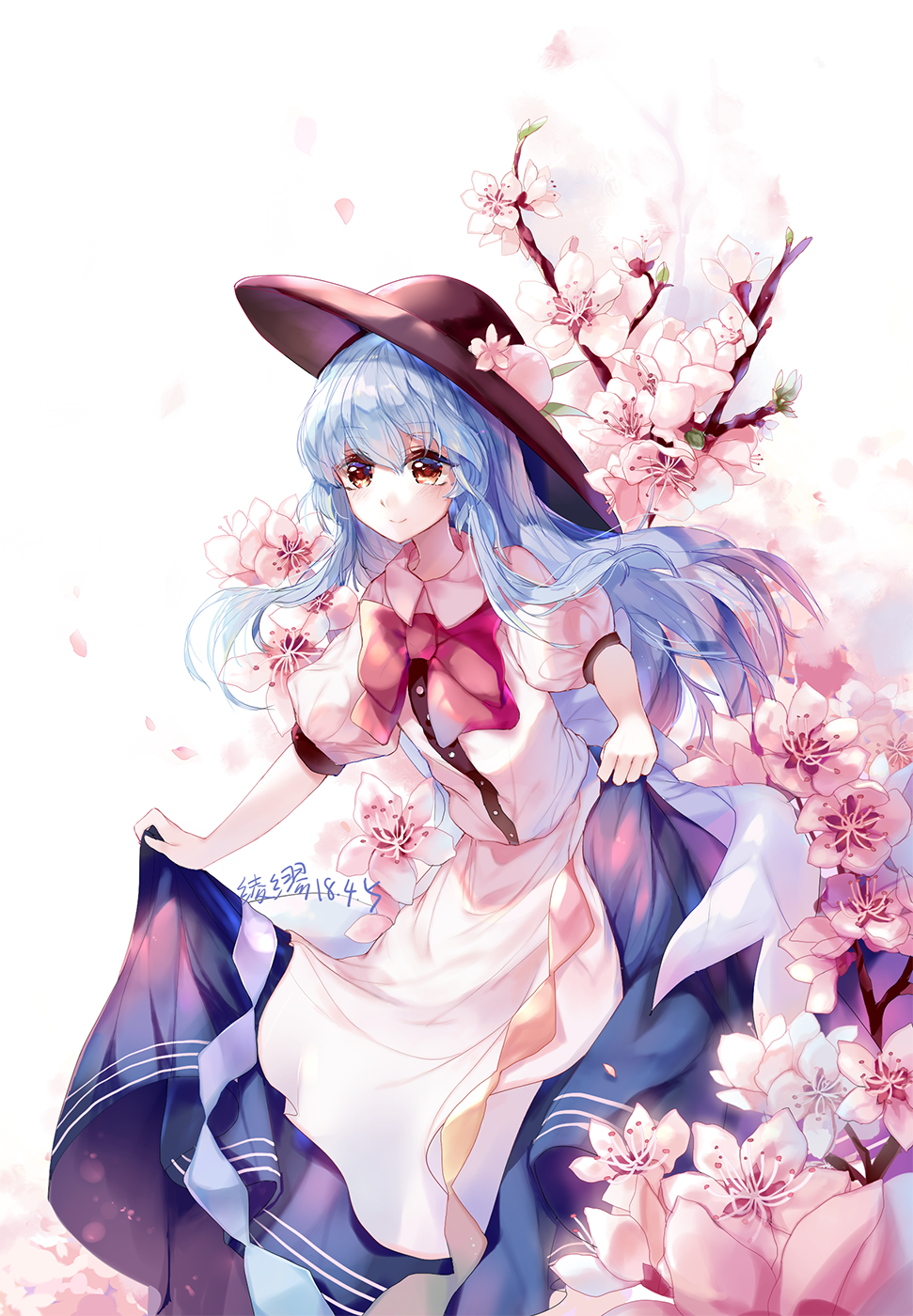 1girl artist_name blue_hair bow cherry_blossoms dated dress floral_background flower food fruit hat hat_flower highres hinanawi_tenshi layered_dress leaf leaning_forward ling_mou long_hair looking_at_viewer peach puffy_short_sleeves puffy_sleeves red_bow red_eyes short_sleeves skirt skirt_hold skirt_lift smile solo spring_(season) touhou twig