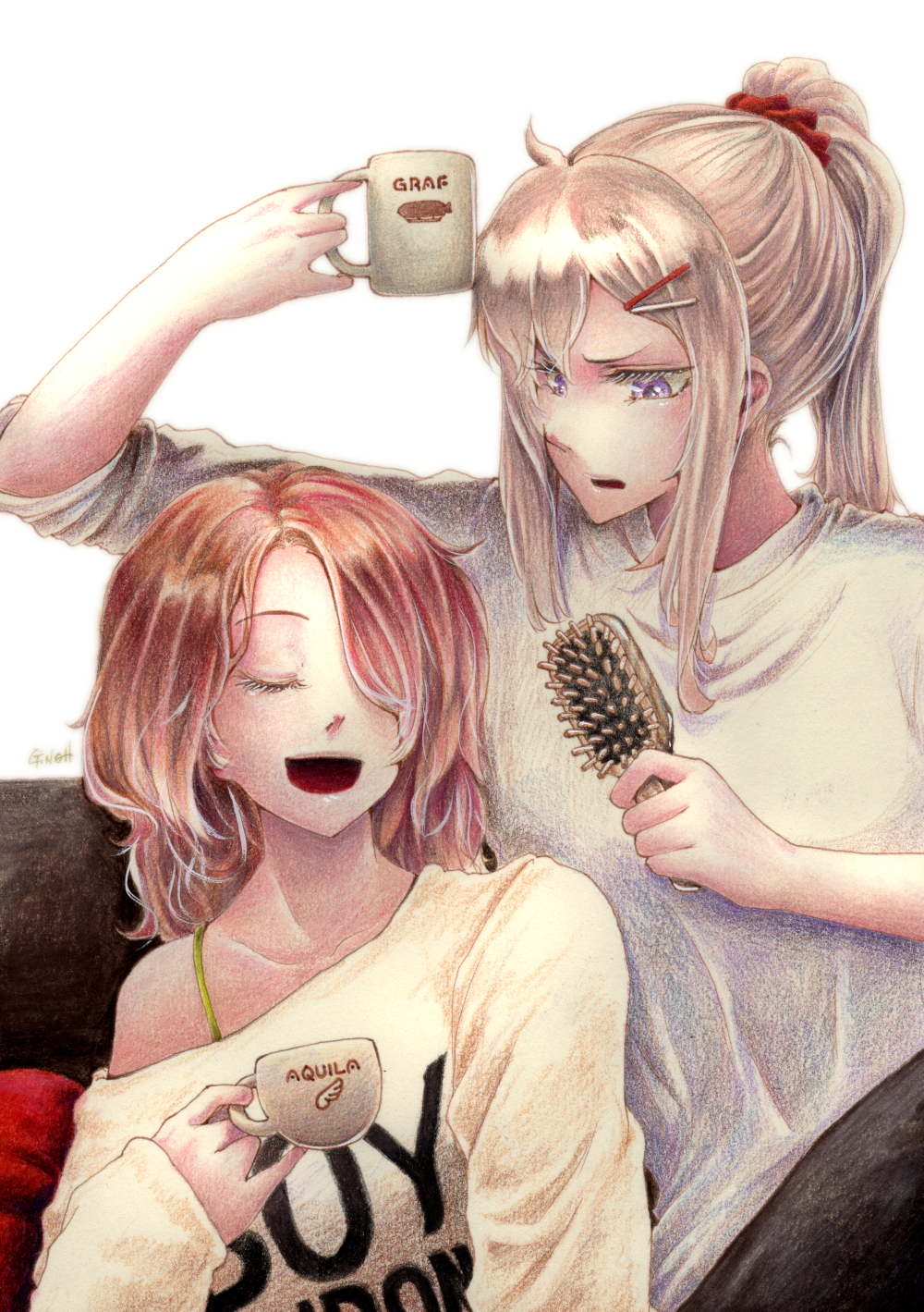 2girls alternate_costume alternate_hairstyle aquila_(kantai_collection) bangs beige_shirt blonde_hair blue_eyes breasts casual character_name closed_eyes clothes_writing collarbone couch cup graf_zeppelin_(kantai_collection) hair_between_eyes hair_ornament hairclip highres holding holding_brush holding_cup kantai_collection long_hair looking_at_another medium_breasts millipen_(medium) multiple_girls off_shoulder open_mouth orange_hair ponytail scrunchie shirt sidelocks signature sitting sleeves_rolled_up smile tesun_(g_noh) traditional_media violet_eyes watercolor_pencil_(medium) wavy_hair white_background white_shirt