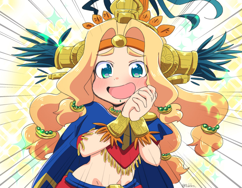 1girl :d aqua_eyes aztec bead_necklace beads blonde_hair blue_cape blush bracer cape chin_piercing emphasis_lines eyebrows eyebrows_visible_through_hair eyes_visible_through_hair fate/grand_order fate_(series) feathers groin hair_beads hair_intakes hair_ornament hands_clasped hands_up headband headdress jewelry long_hair low-tied_long_hair navel neck_ring necklace open_mouth own_hands_together piercing poncho quetzalcoatl_(fate/grand_order) smile solo sparkle stomach tsukko_(3ki2ne10) twitter_username