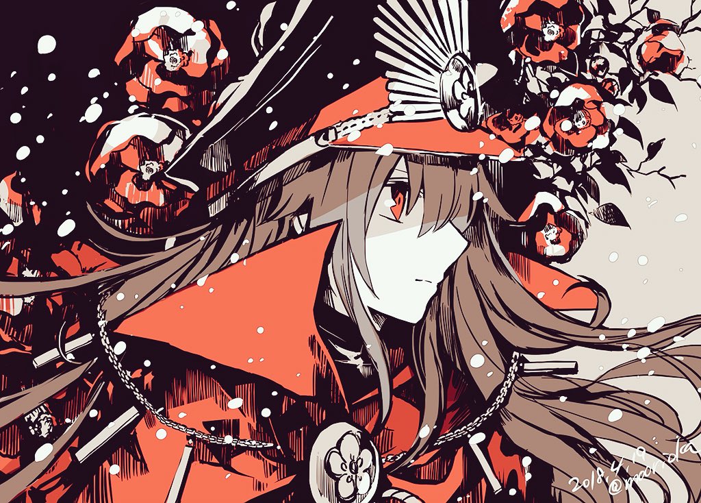 1girl brown_hair closed_mouth commentary_request dated fate_(series) flower from_side hat high_collar koha-ace oda_nobunaga_(fate) peaked_cap profile red_eyes red_flower red_rose rioka_(southern_blue_sky) rose snow solo twitter_username upper_body