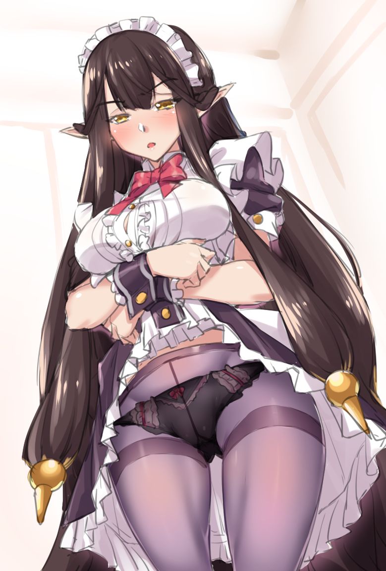 1girl absurdly_long_hair alternate_costume black_hair black_panties blush breasts cleavage_cutout clothes_lift commentary_request dress dress_lift enmaided eyebrows_visible_through_hair fate/apocrypha fate_(series) frills lifted_by_self long_hair looking_at_viewer maid maid_headdress merufena panties panties_under_pantyhose pantyhose pointy_ears puffy_short_sleeves puffy_sleeves semiramis_(fate) short_sleeves skirt skirt_lift solo spikes standing underwear very_long_hair yellow_eyes