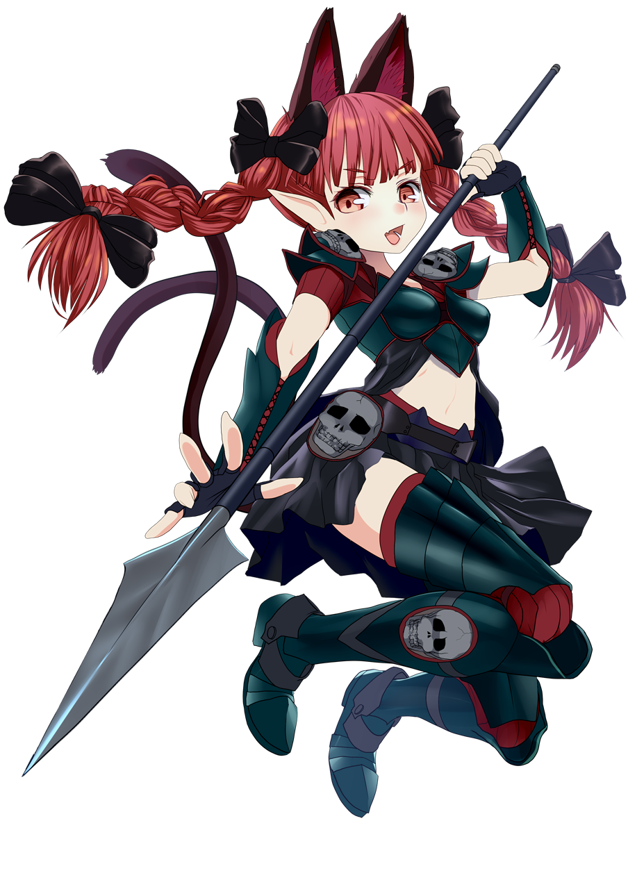 1girl adapted_costume animal_ears armor armored_boots bangs black_bow black_gloves blunt_bangs boots bow braid breasts cat_ears cat_tail fingerless_gloves full_body gloves green_footwear hair_bow highres holding holding_spear holding_weapon ishikkoro kaenbyou_rin looking_at_viewer medium_breasts midriff multiple_tails open_mouth pointy_ears polearm red_eyes redhead simple_background skull solo spaulders spear tail touhou twin_braids two_tails weapon white_background