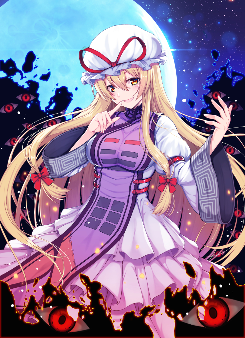 1girl :d backlighting benitsuki_tsubasa blonde_hair blush bow breasts dress eyebrows_visible_through_hair eyes finger_to_mouth full_moon hair_bow hands_up hat hat_ribbon index_finger_raised juliet_sleeves large_breasts layered_dress long_hair long_sleeves looking_at_viewer low-tied_long_hair mob_cap moon moonlight multicolored multicolored_eyes night night_sky open_mouth puffy_sleeves red_bow red_eyes red_ribbon ribbon shushing sidelocks sky smile solo star_(sky) starry_sky straight_hair tabard touhou very_long_hair white_hat wide_sleeves yakumo_yukari yellow_eyes