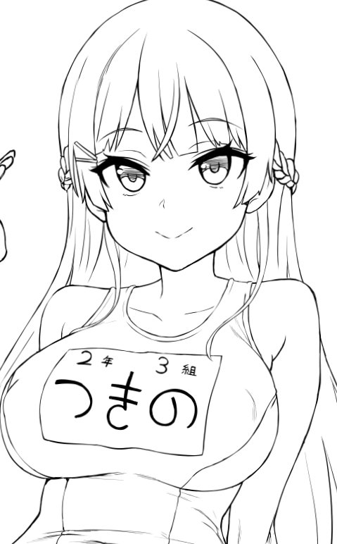 1girl asanagi bangs bare_shoulders braid breasts closed_mouth collarbone crossed_bangs erect_nipples eyebrows eyebrows_visible_through_hair eyelashes french_braid large_breasts lineart long_hair monochrome name_tag nijisanji one-piece_swimsuit school_swimsuit simple_background smile solo straight_hair swimsuit tsukino_mito upper_body virtual_youtuber white_background