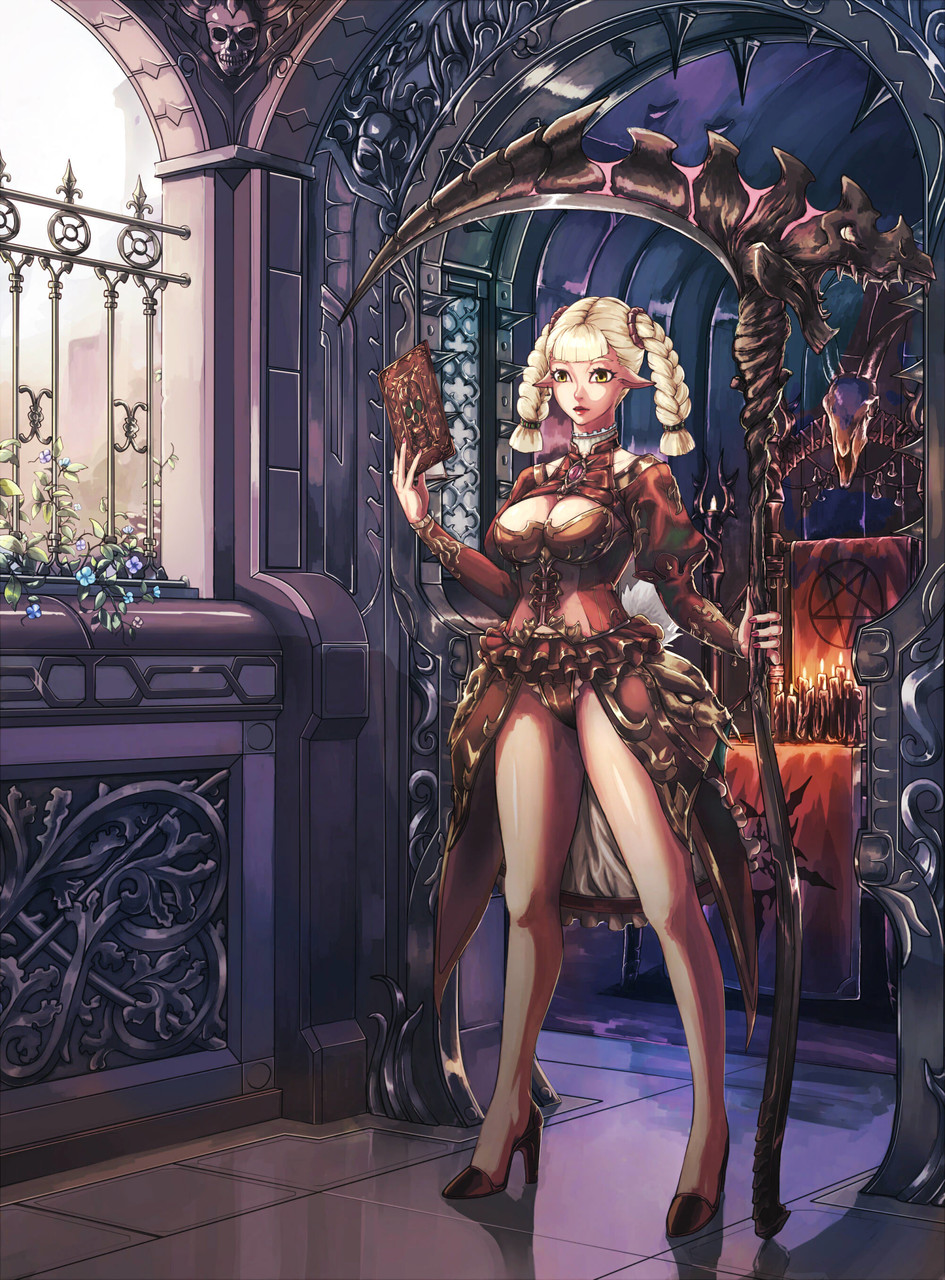 1girl black_footwear blonde_hair closed_mouth high_heels highres holding holding_weapon legs_apart leotard looking_at_viewer original pointy_ears reflective_floor scythe solo standing tea_sly twintails weapon yellow_eyes