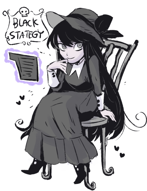 1girl black_dress black_hair black_hat black_strategy chair character_name dress grey_eyes hackto hat heart high_heels long_hair long_sleeves looking_at_viewer ok_k.o.!_let's_be_heroes simple_background sitting skull smile white_background